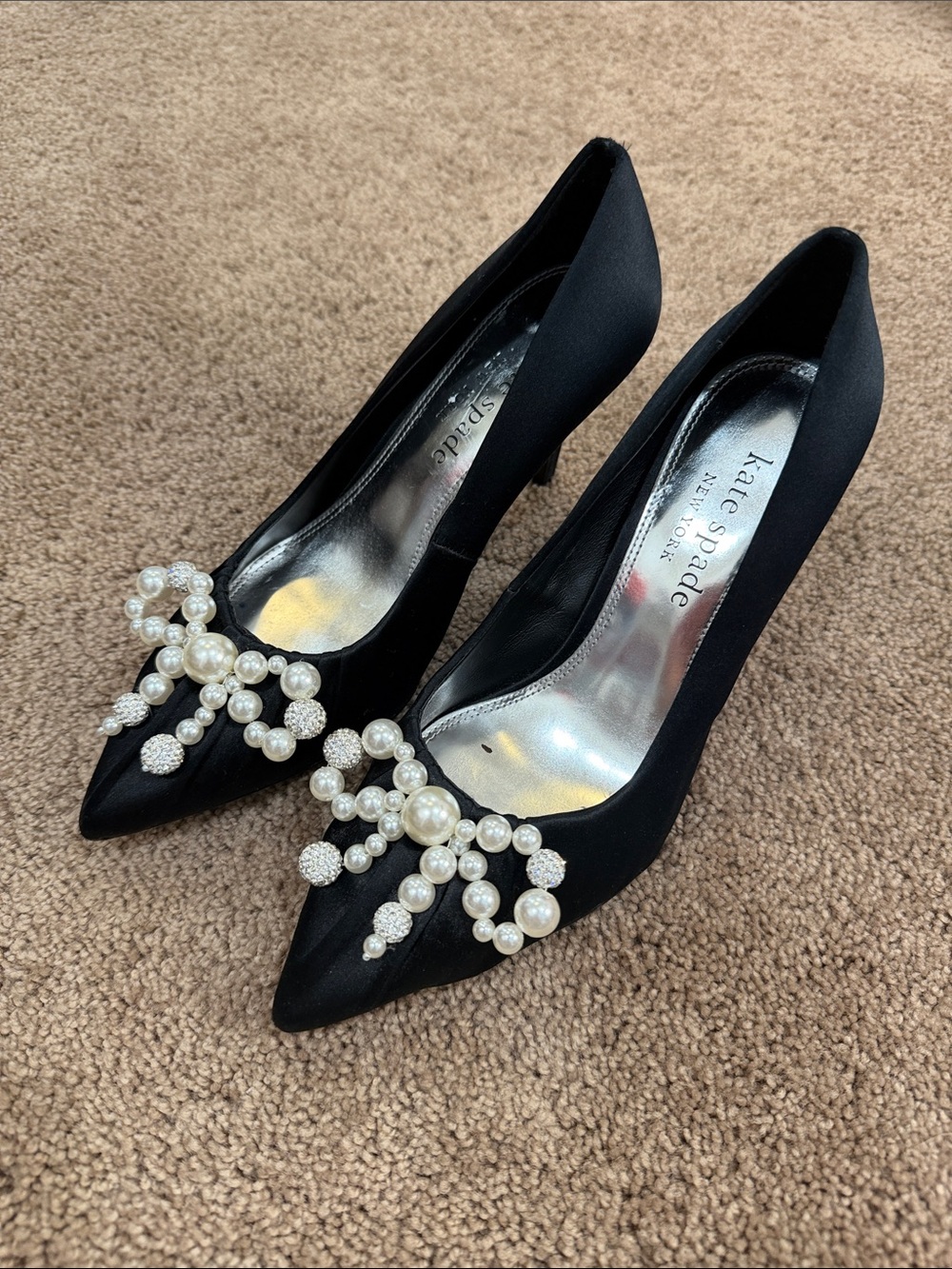 kate spade Black Satin Pointed Toe Pumps with Pearl and Sparkly Embellishment